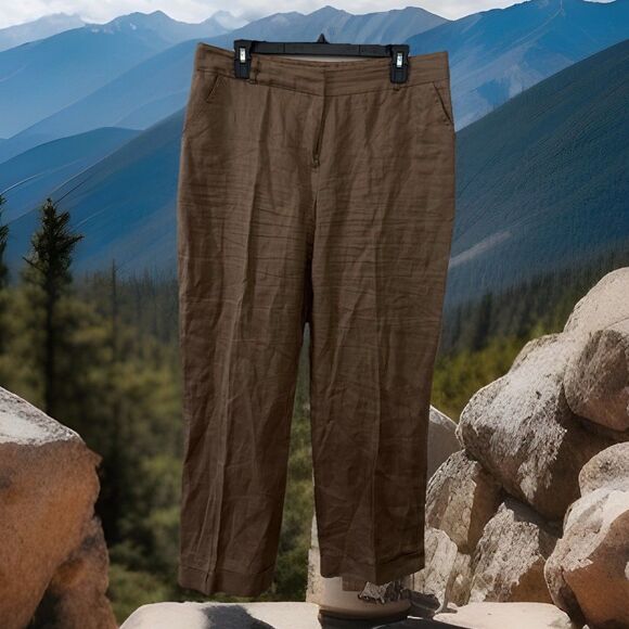 D Studio Women’s 10 Brown Pure Linen‎ Pleated Hem Wide Straight Leg Pants Lined - Picture 1 of 4